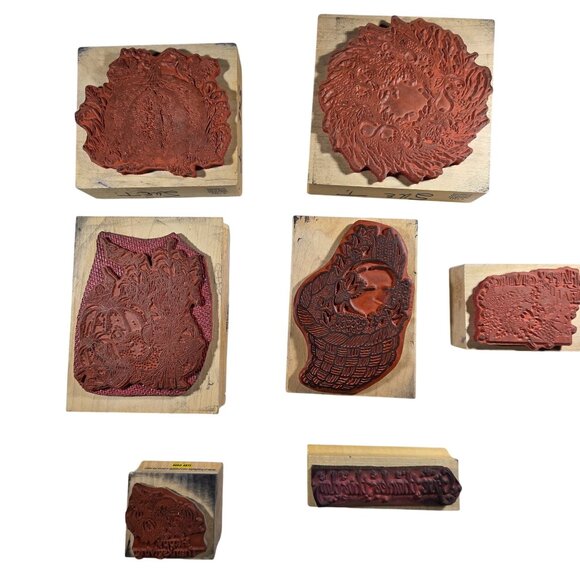 Thanksgiving Wooden Rubber Stamp Set With Pumpkins Wreaths Seasonal Greetings - Picture 9 of 12